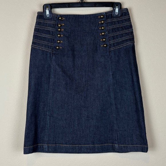 Etcetera Dark Denim Straight Skirt with Double Brass Button Up Front Closure - Picture 1 of 8